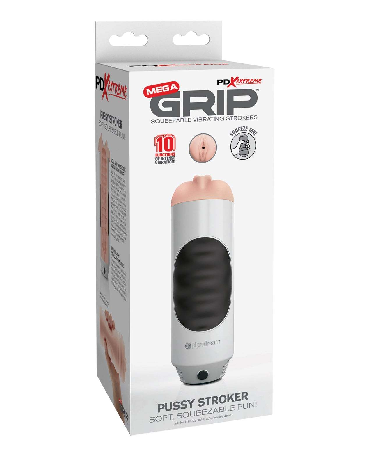 Mega Grip Vibrating Stroker with lifelike Fanta Flesh, squeezable design, and 10 vibration functions in a sleek white casing.