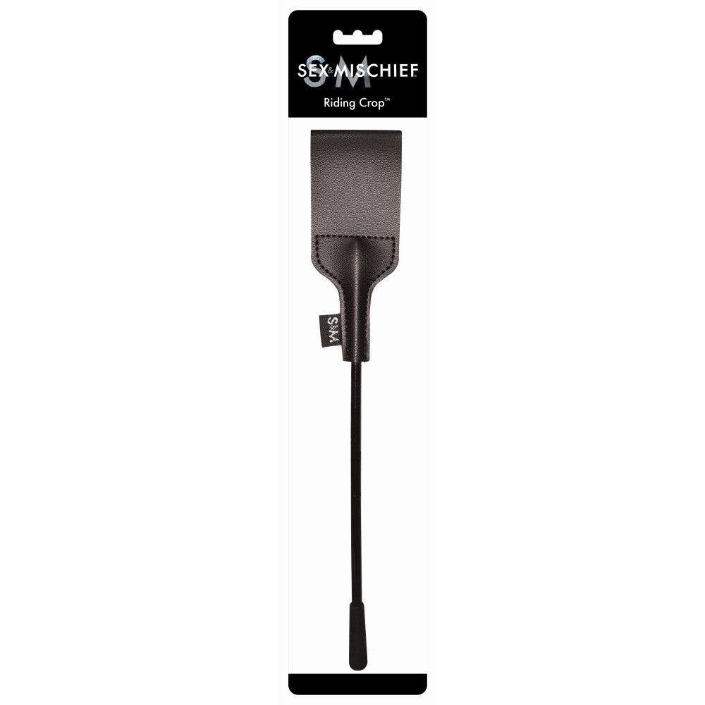 Sportsheets Sex & Mischief black vinyl riding crop, compact and easily stored in a purse
