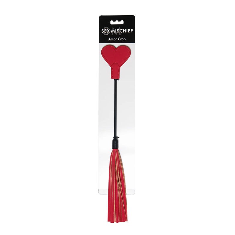 Sportsheets Sex & Mischief Amor Crop red heart-shaped dual-ended flogger with faux leather lashes for BDSM play