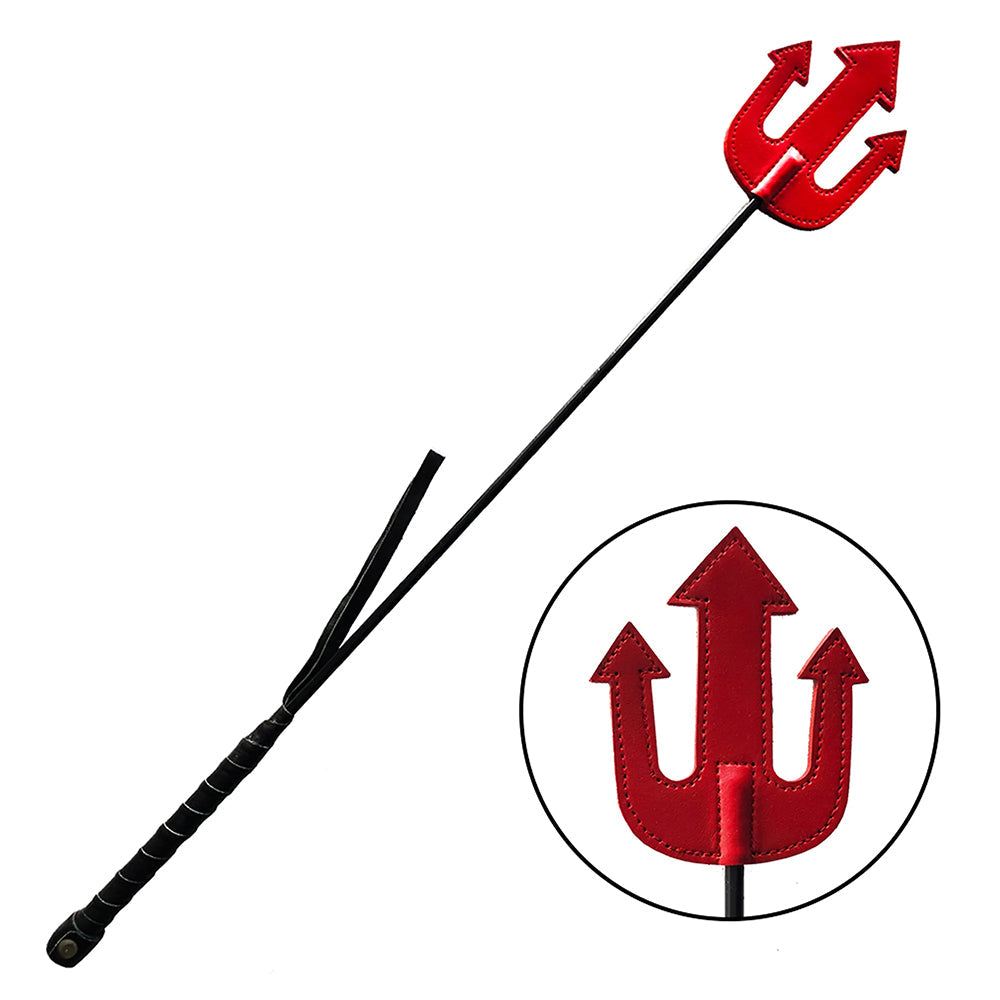 Rouge leather Devil Riding Crop with trident tip and long shaft for spank or slap, 61cm length