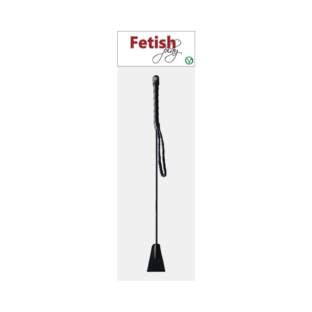 Rouge Fetish Play vegan riding crop in black with flexible shaft and wrist loop made of faux leather