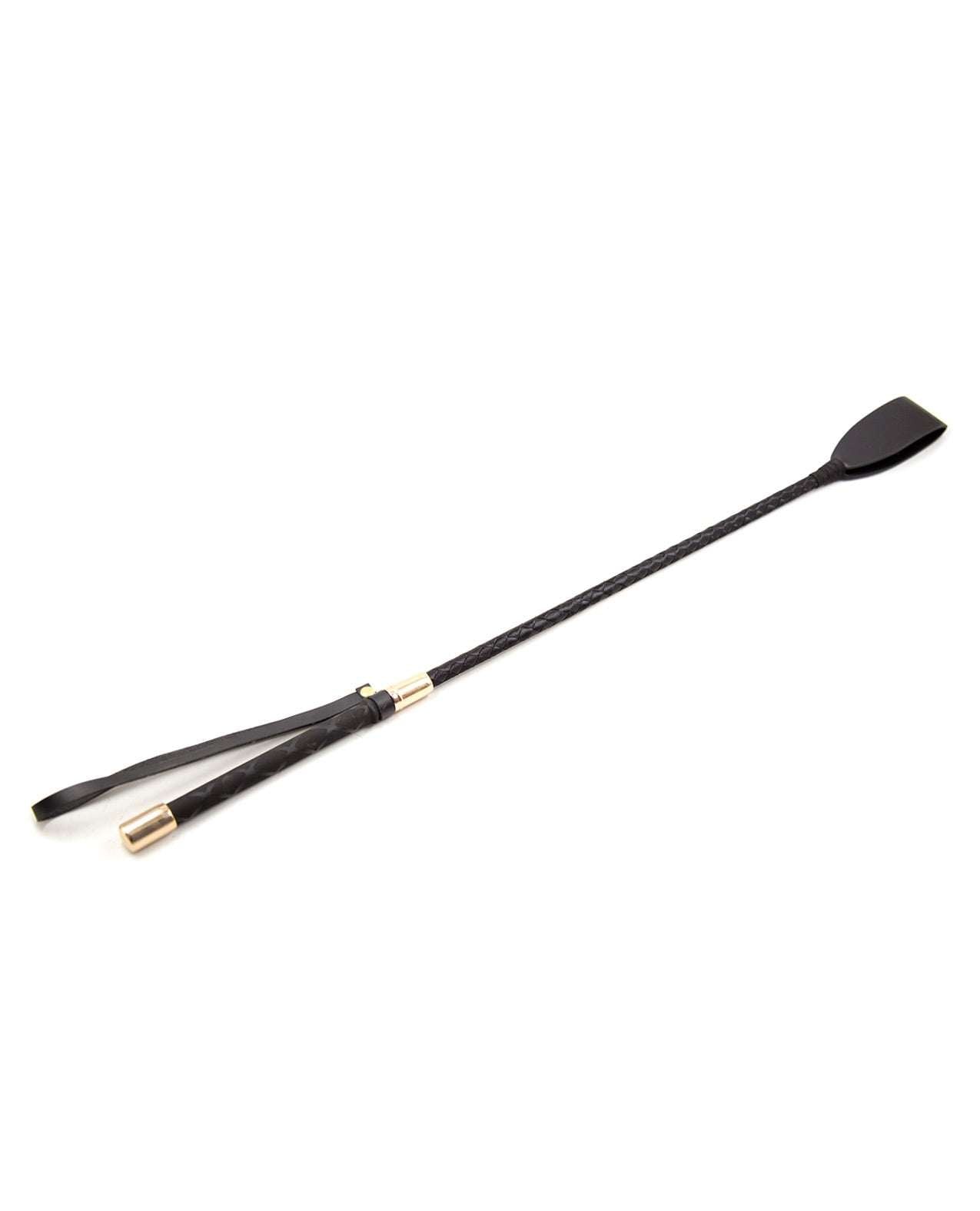 Black PVC crop with braided handle and gold accents, 21 inches long
