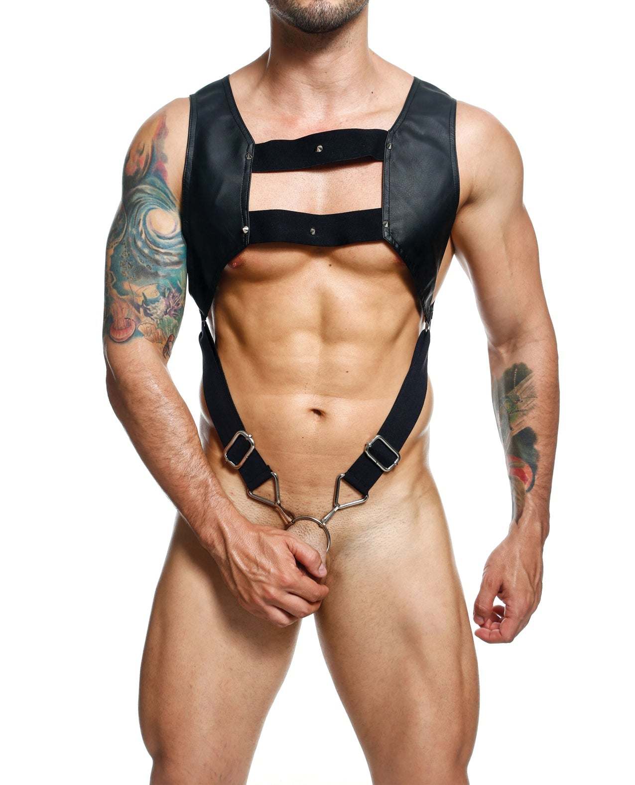 Black Dngeon Croptop harness cockring worn on male model with tattoos, one size