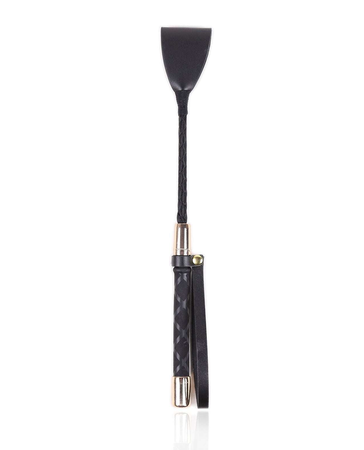 Plesur 12" Riding Crop in black with PU leather tip and ornate non-slip handle featuring gold metal ends