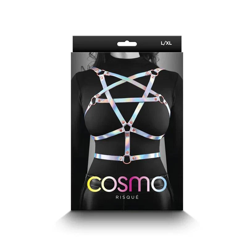 Cosmo Harness Risque L/XL iridescent chest harness with rose gold hardware on black background packaging