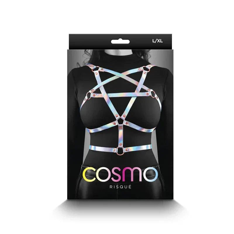 Cosmo Harness Risque L/XL iridescent chest harness with rose gold hardware on black background packaging