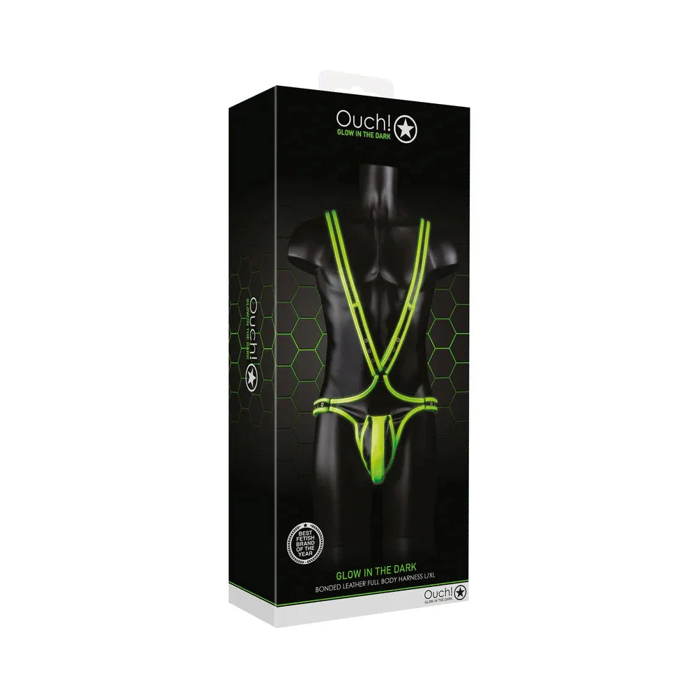Ouch! Glow in the Dark Bonded Leather Full-Body Harness Neon Green L/XL by Apparel