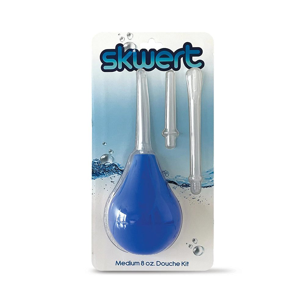 Skwert Medium 8 oz. douche kit with blue 8oz PVC bulb and three translucent wands in silicone and ABS plastic for travel and hygiene