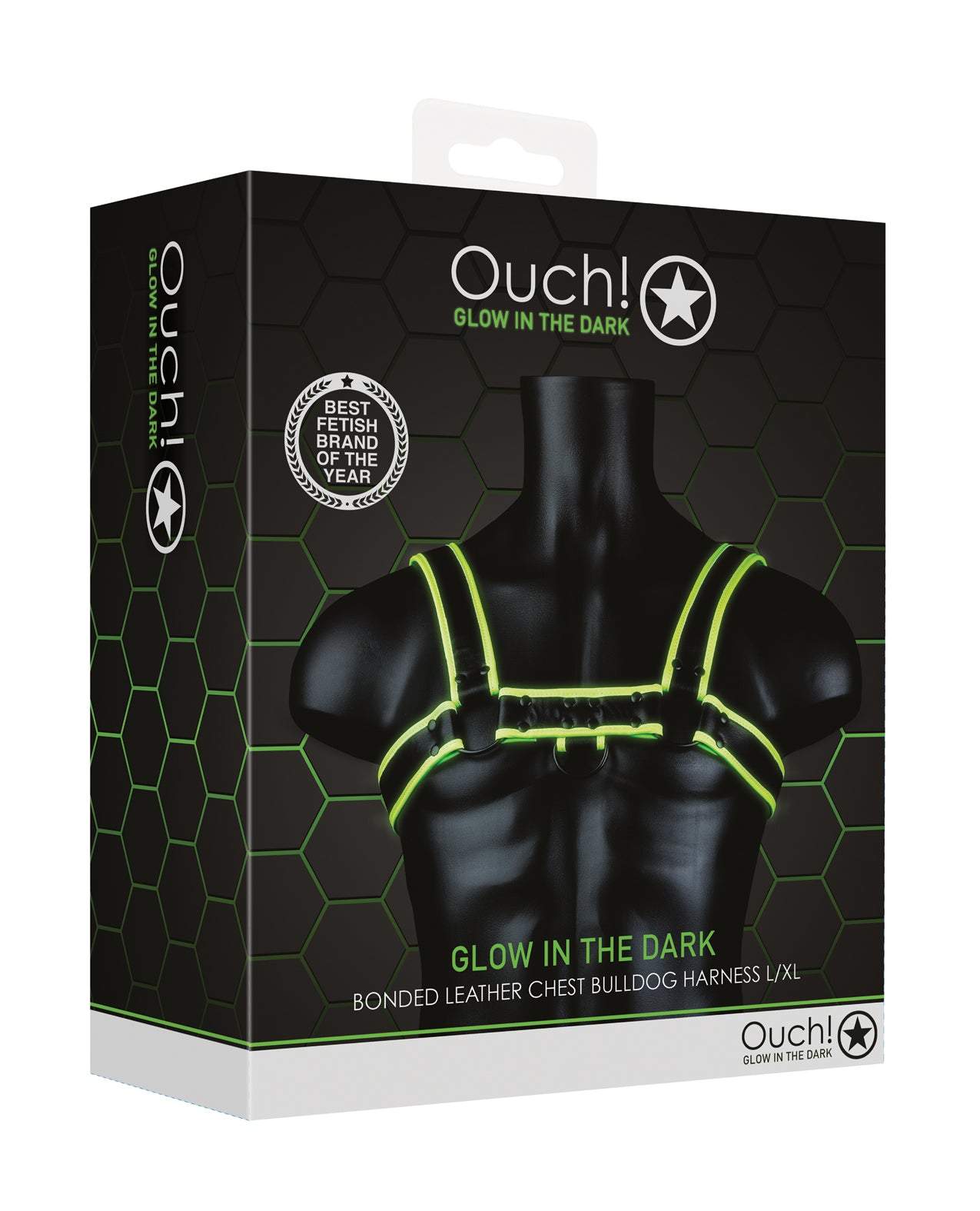 Shots Ouch Chest Bulldog Harness L/XL glow-in-the-dark bonded leather with fluorescent green detailing