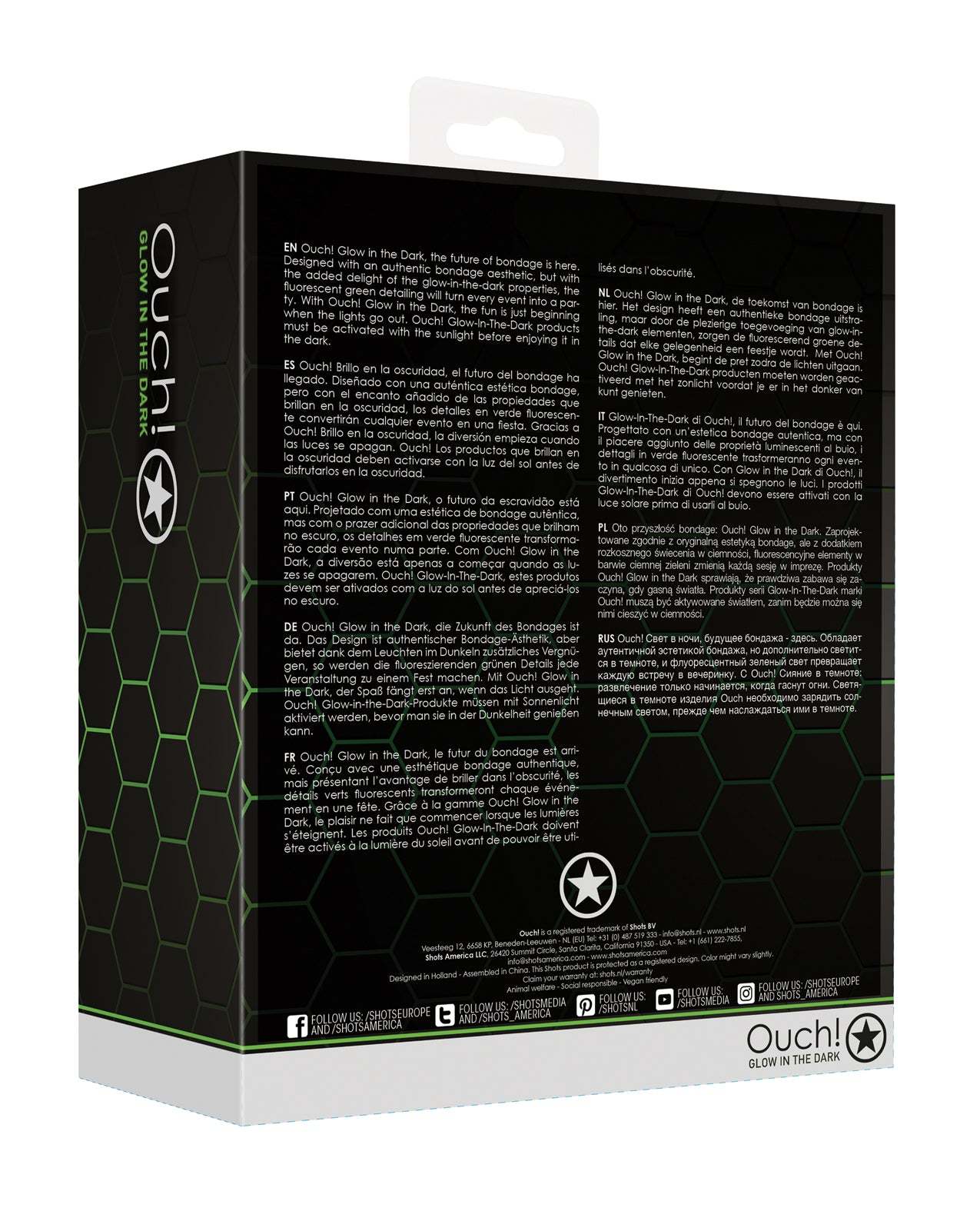 Black packaging of Shots Ouch Chest Bulldog Harness L/XL with glow-in-the-dark properties and product details.