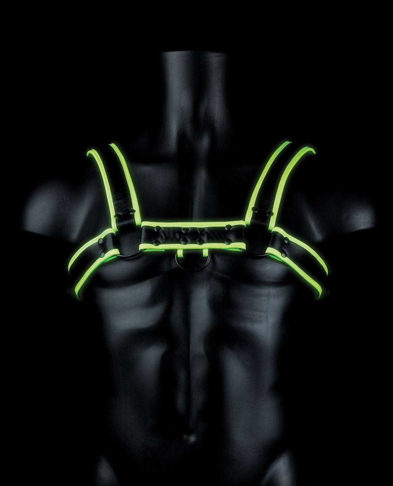 Glow in the dark Shots Ouch Chest Bulldog Harness on black mannequin with fluorescent green straps