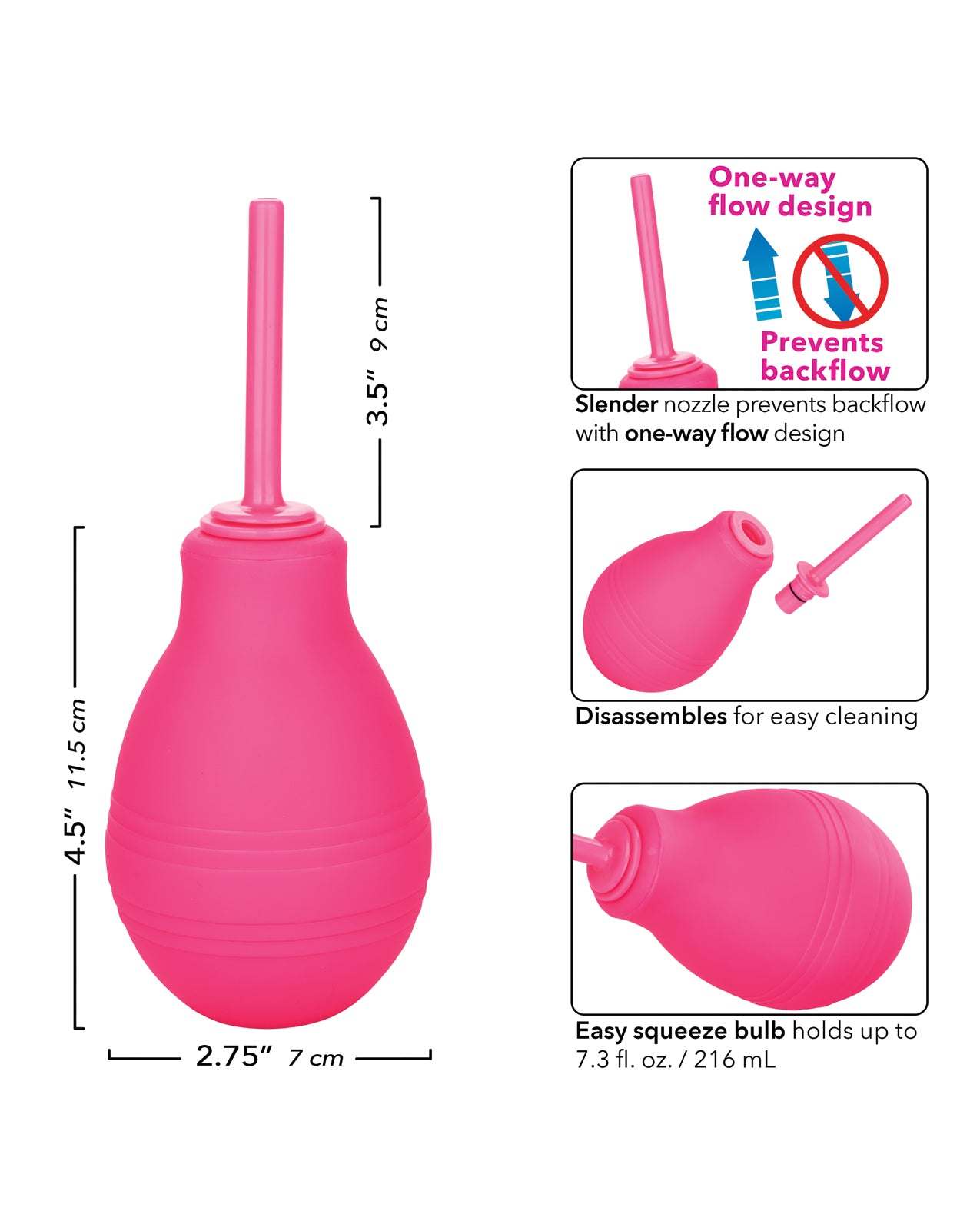 Cheeky One Way Flow Douche in pink with one-way valve, slender nozzle, and easy-squeeze bulb for hygienic and comfortable anal cleaning