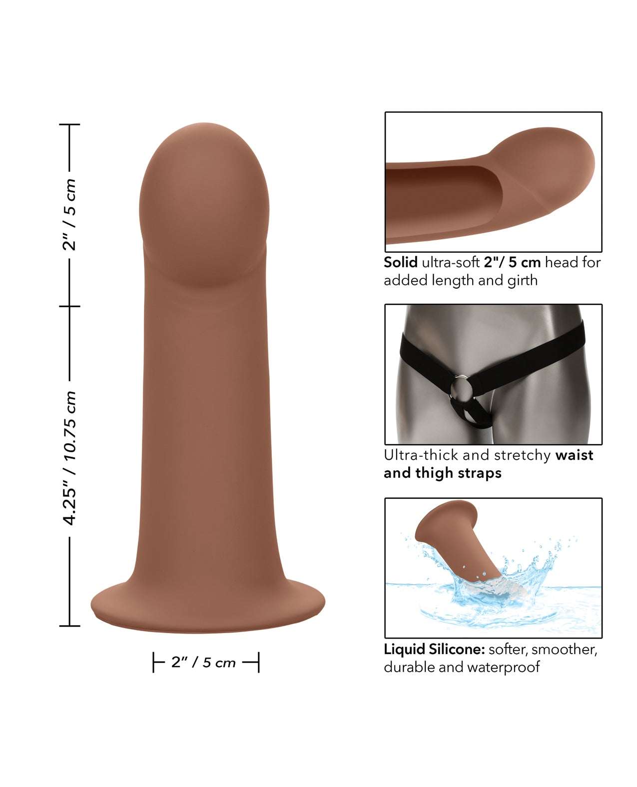 Performance Maxx Extension with harness in brown, liquid silicone, hollow shaft, ultra-soft head, 2-inch extension, thick adjustable waist and thigh straps, waterproof and body-safe.