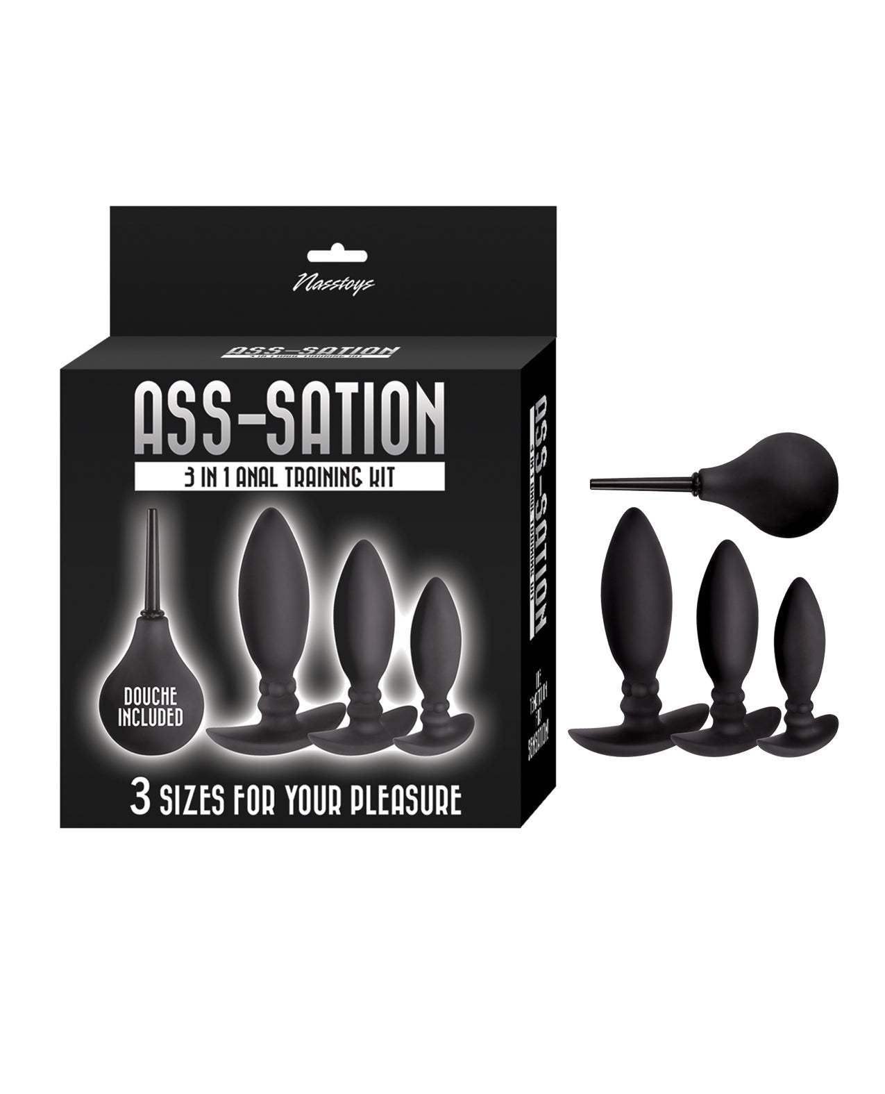 Ass-sation 3-in-1 Training Kit with three black silicone butt plugs in increasing sizes and included douche for beginner backdoor play