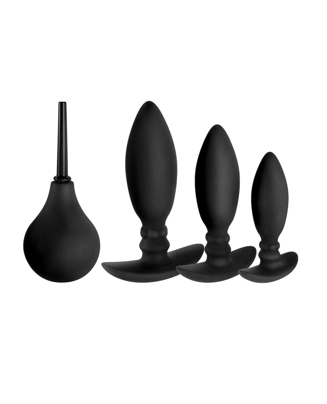 Black Ass-sation 3-in-1 Training Kit with three silicone butt plugs and a douche for beginner backdoor play