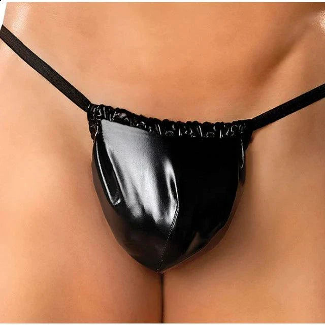 Male Power Liquid Onyx men's black glossy posing strap underwear close-up front view