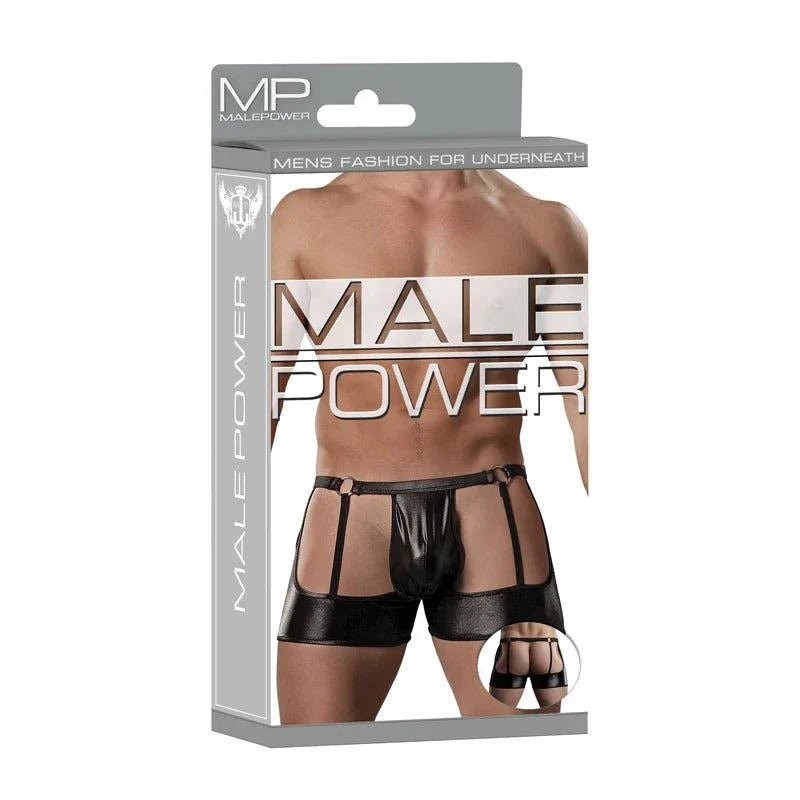 Male Power Extreme Double Exposure black leather-look garter shorts with comfort fit pouch and metal ring waistband detail in L/XL size