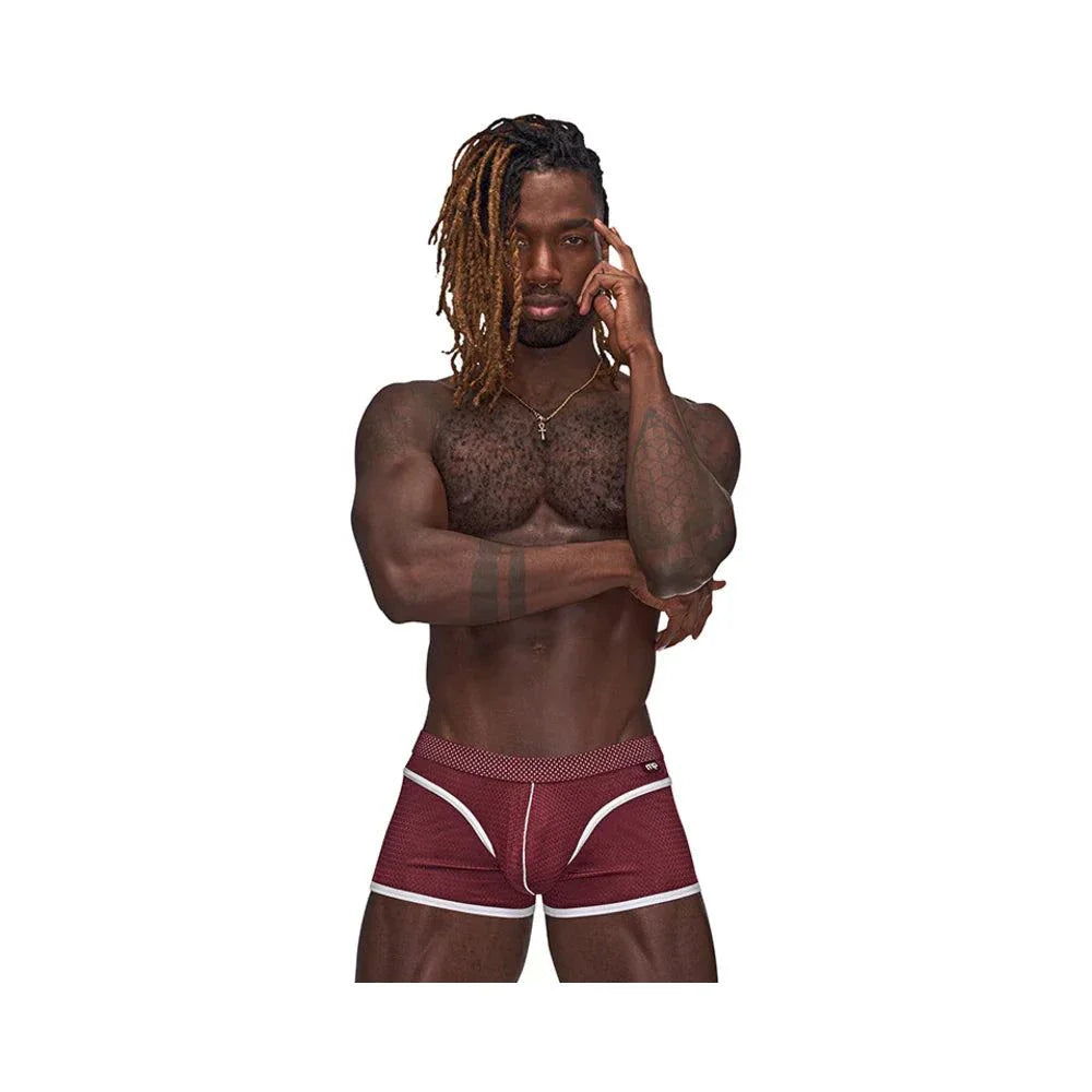 Male model wearing burgundy Male Power Sport Mesh Mini Shorts with white elastane sporty striping and logoed waistband