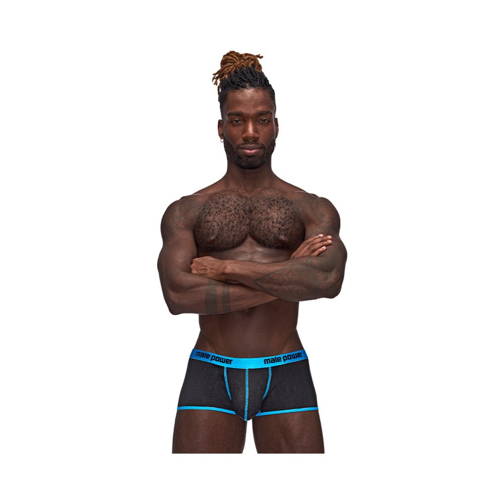 Male Power Casanova black uplift mini shorts with blue trim and branded waistband on male model