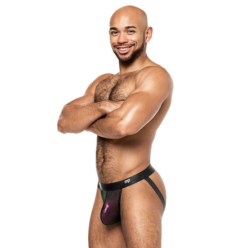 male model wearing Male Power Hocus Pocus Uplift Jock purple S/M underwear with black waistband and supportive pouch