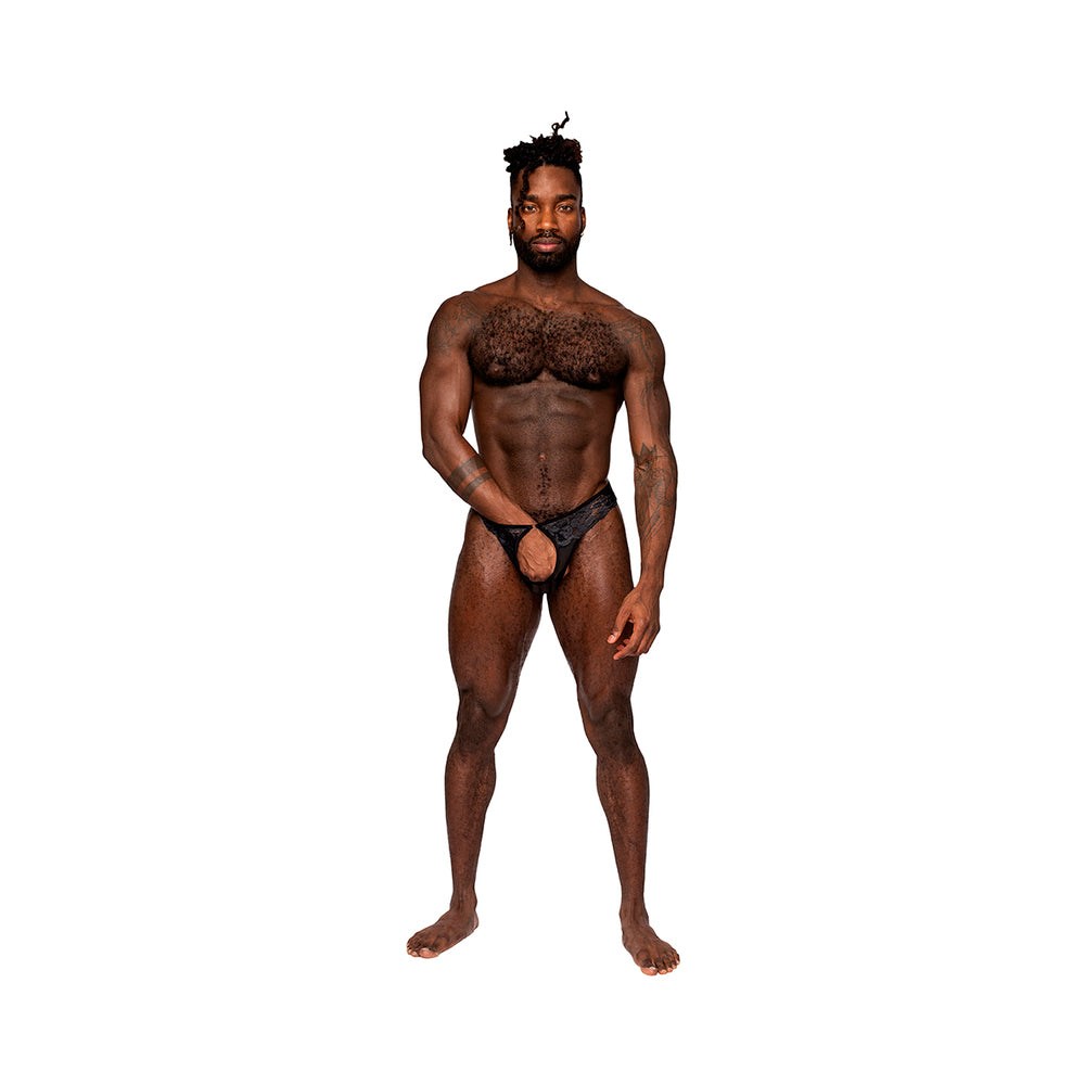 Male Power Sassy Lace black open ring thong with scallop edged floral lace and sheer mesh on male model