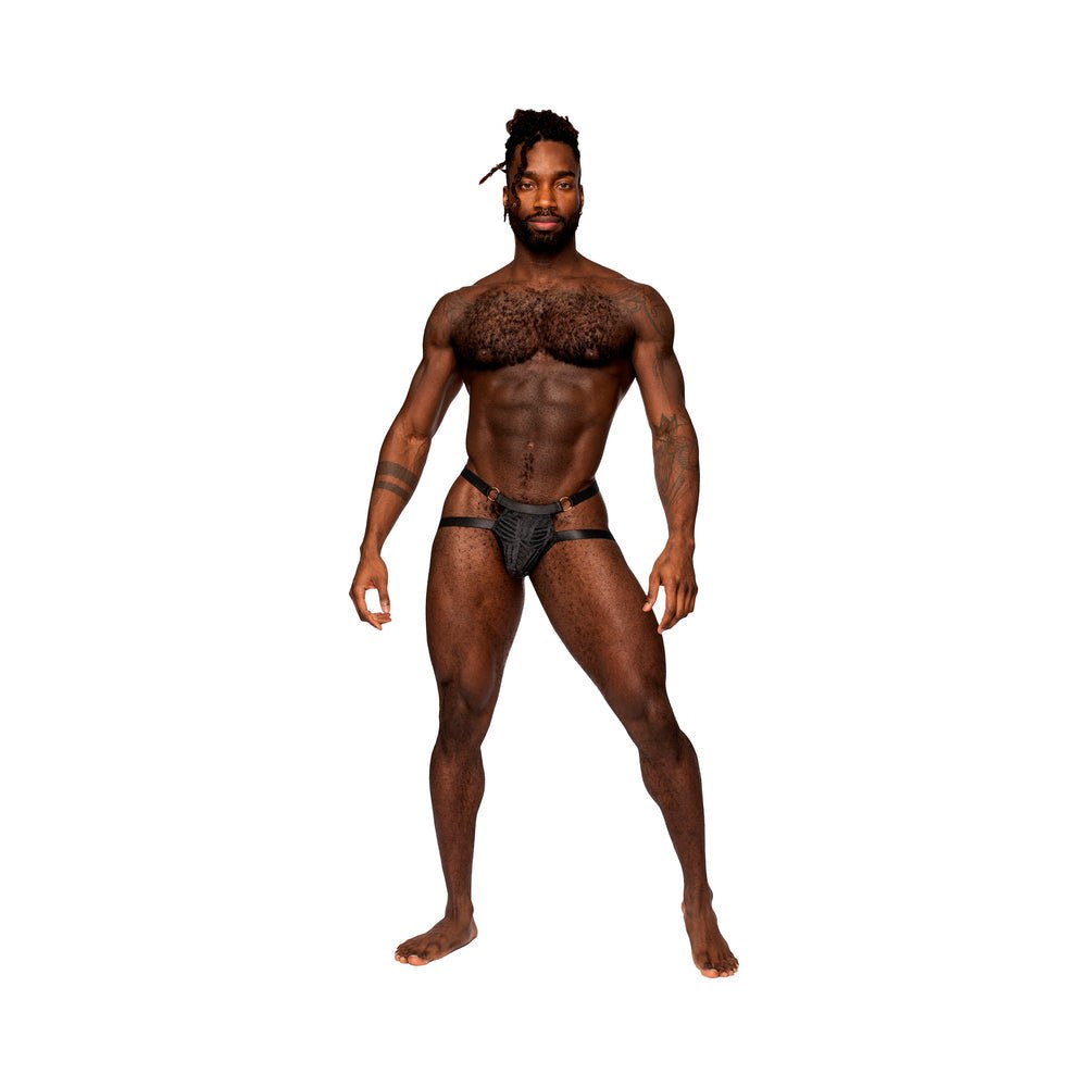 Male model wearing Male Power Rude Awakening Ring Jock in black with satin waistband and sheer mesh cutout design