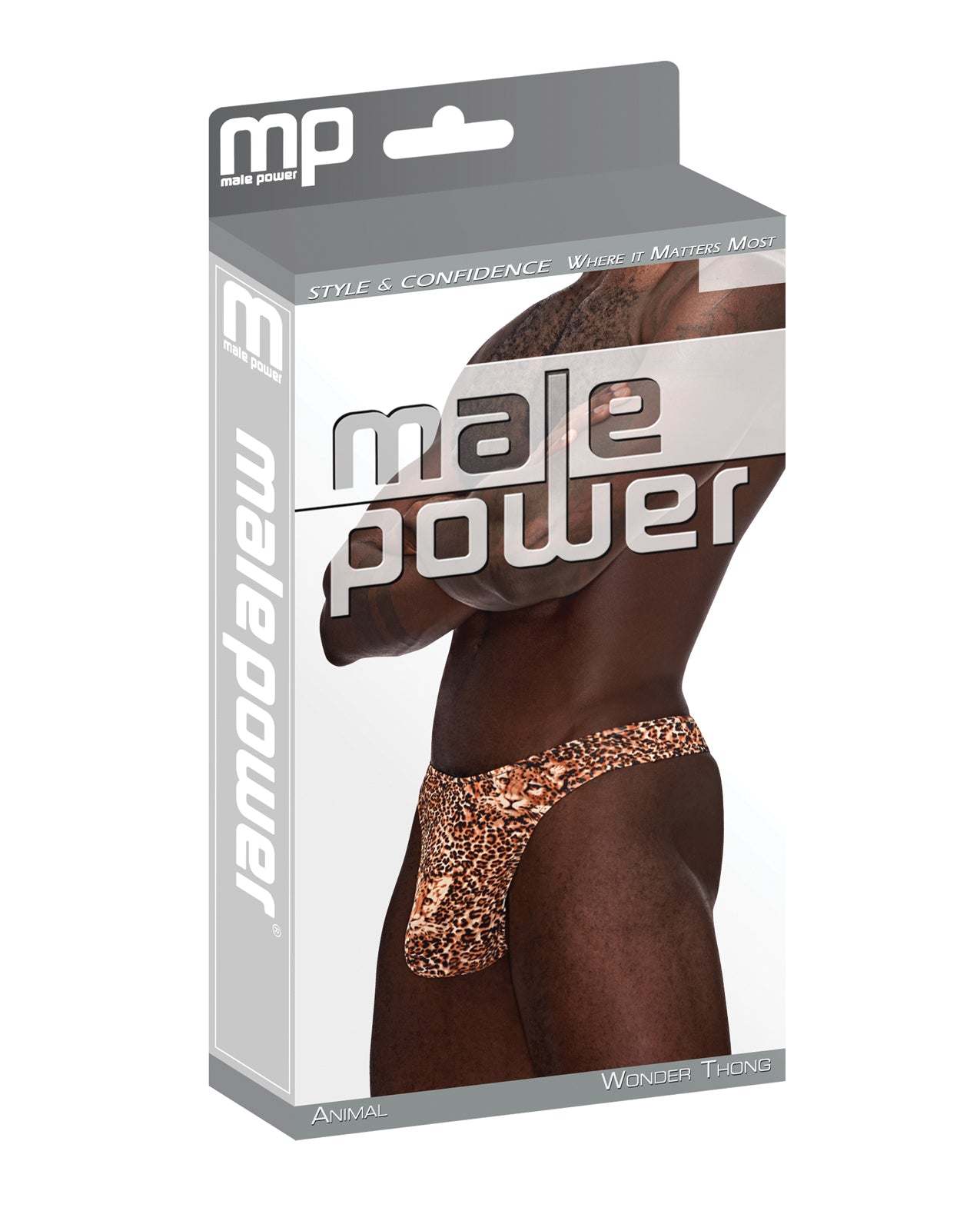 Male Power Wonder Thong animal print men's underwear in size L/XL packaging showing a muscular male model wearing the thong.