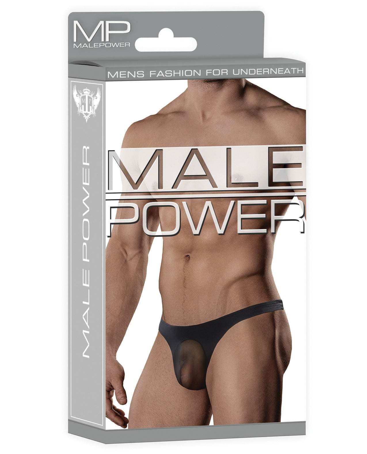 Male Power sheer nylon Lycra black pouch thong for men size S/M in packaging showing model wearing product