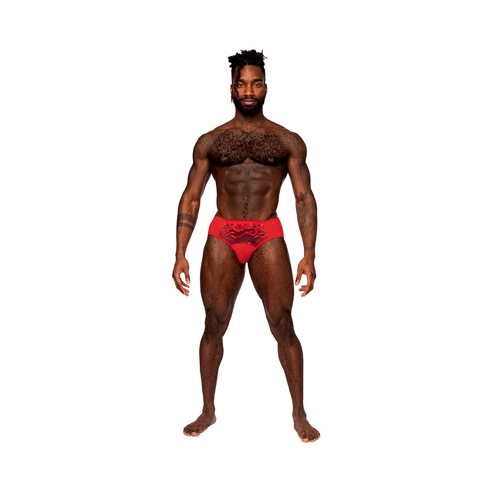 Male Power red sassy lace bikini with scalloped floral lace and solid pouch on male model