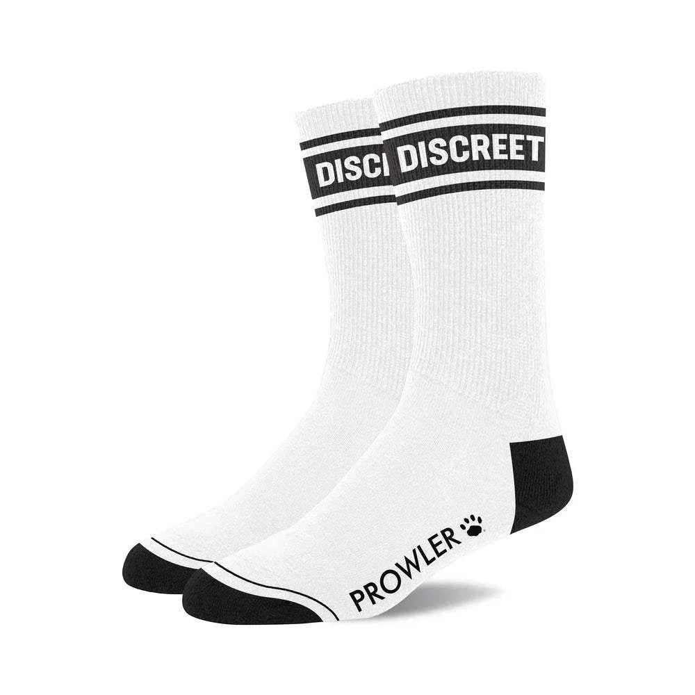 White Prowler RED Collection men's socks with black heels, toes, stripes, and "DISCREET" typography on the cuff