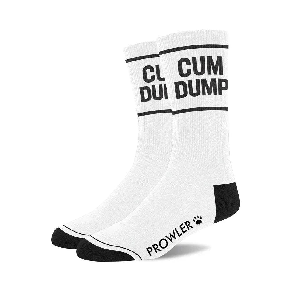 White Prowler RED Cum Dump Socks with black stripes and bold text on the band and toes