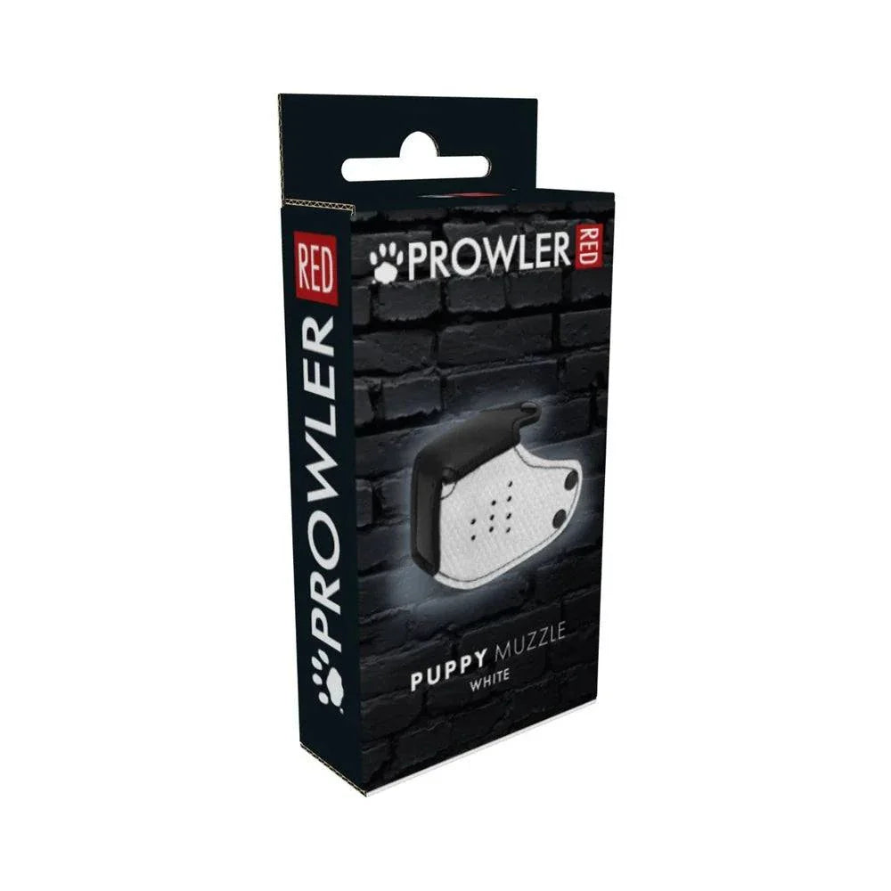 Prowler RED Puppy Muzzle white in black neoprene packaging for pet role play