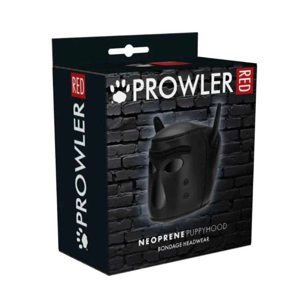 Prowler RED Neoprene Puppy Hood packaging showing black stretchy neoprene puppy play mask with ears and eye, nose, mouth openings against brick wall background
