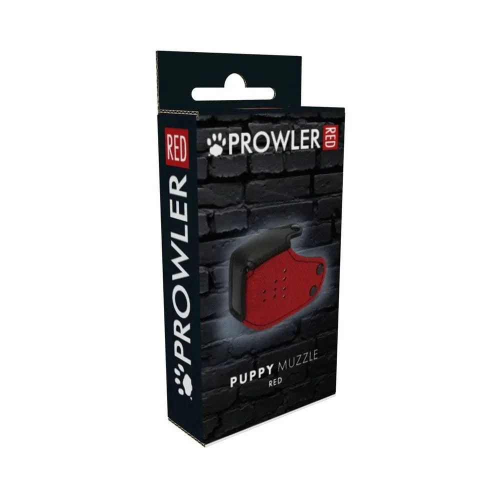 Prowler RED Puppy Muzzle packaging showing a red neoprene puppy muzzle against a brick wall background