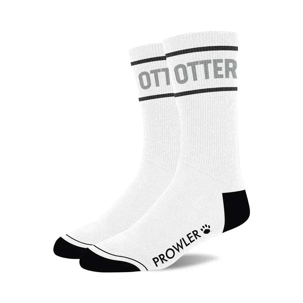 Prowler RED Collection men's white novelty socks with black heel and toe accents and bold typography design