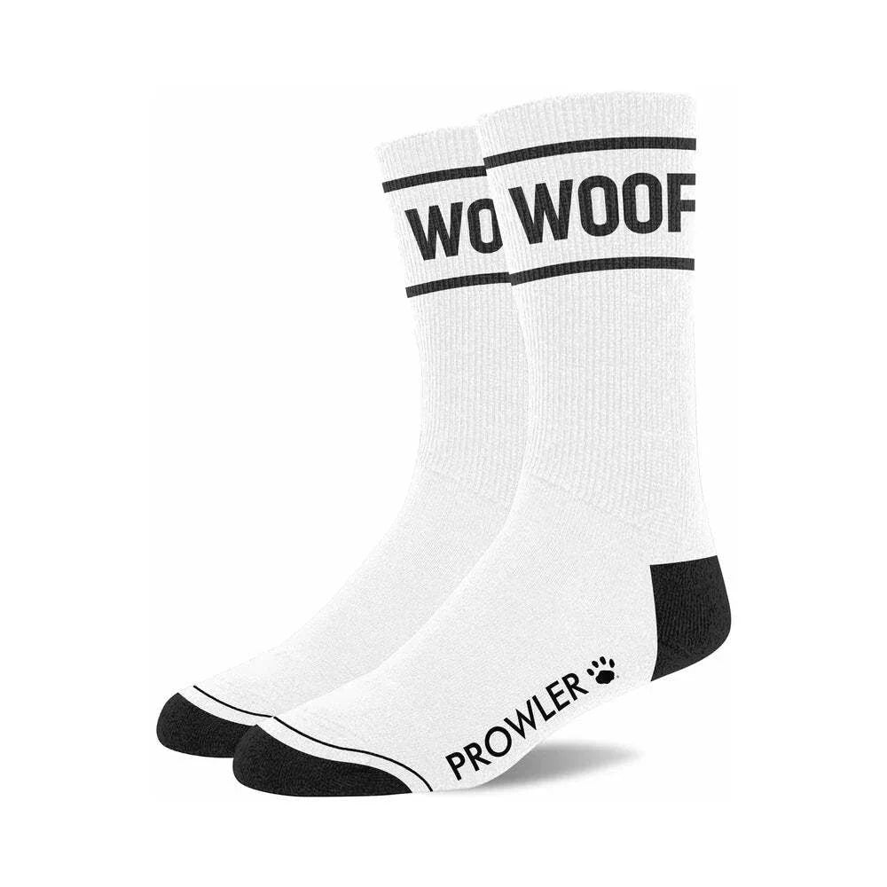 Prowler RED Collection men's white novelty socks with black toes, heels, and "WOOF" text on the cuff