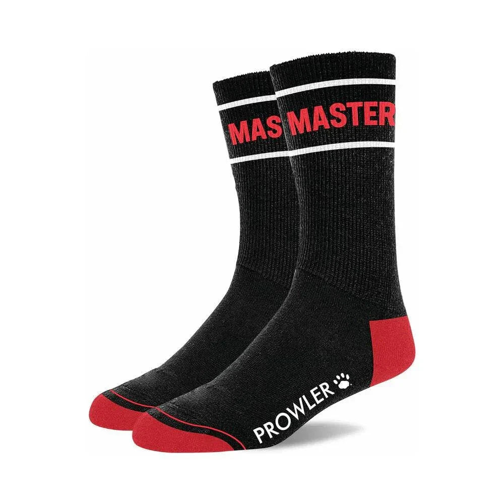 Black and red Prowler RED Collection men's novelty socks with "MASTER" typography and contrasting toes and heels
