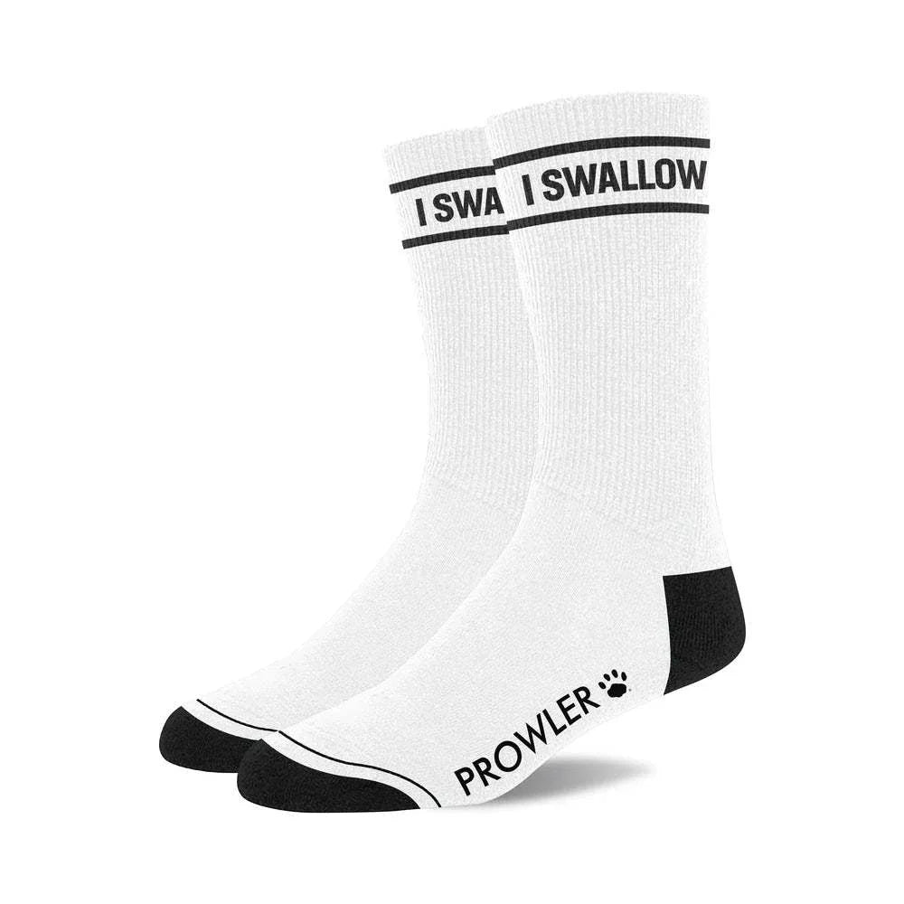 Prowler RED Collection men's white novelty socks with black toe, heel, and bold text design