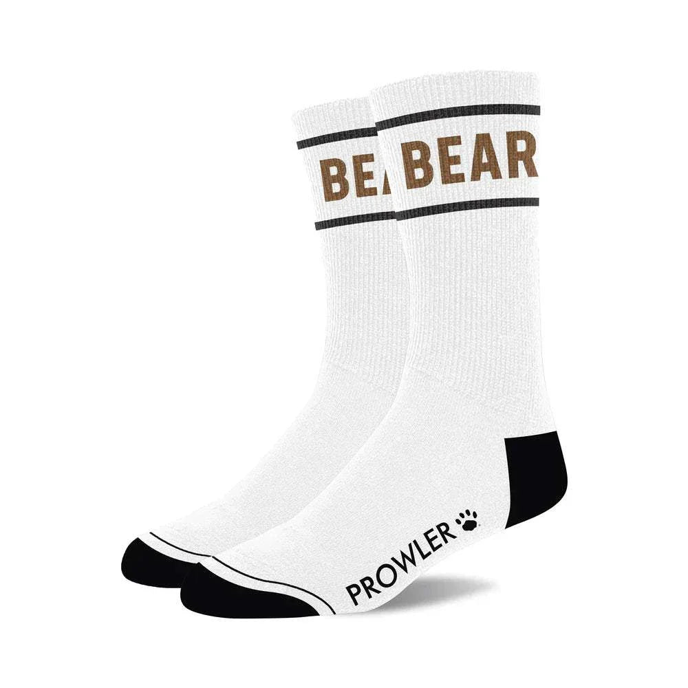 White Prowler RED Collection men's novelty socks with black toes, heels, and bold "BEAR" typography on the cuff