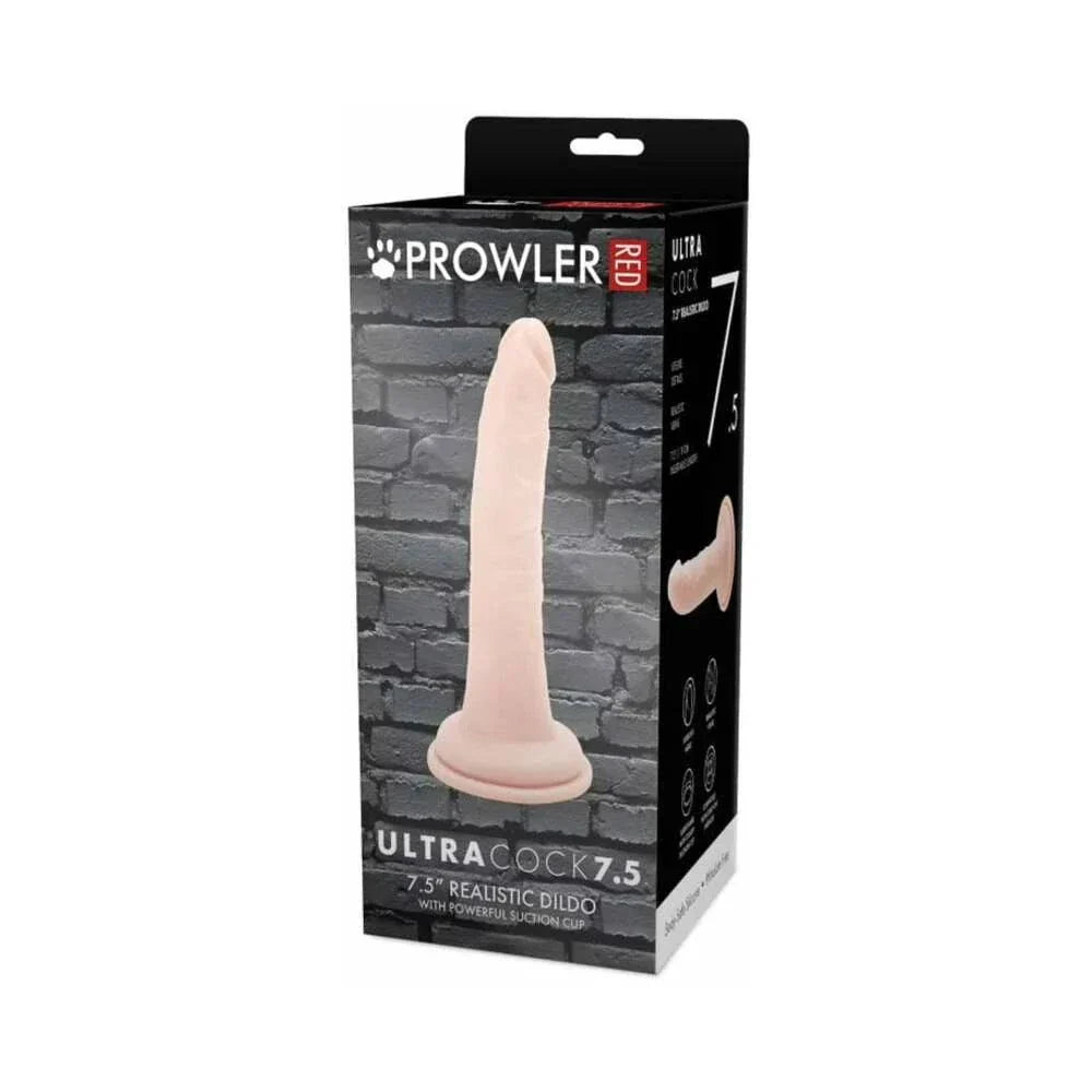 Prowler RED Ultra Cock 7.5 inch realistic vanilla-colored dildo with suction cup base in retail packaging