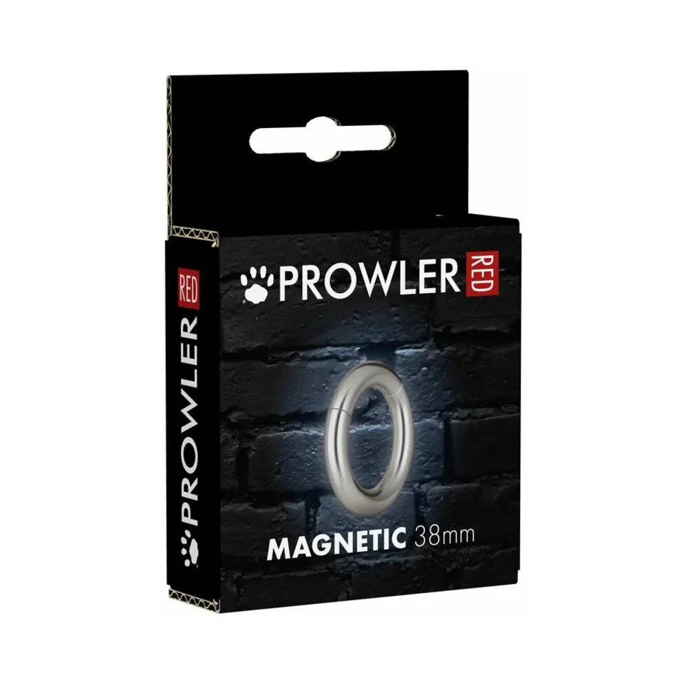 Packaging of Prowler RED Magnetic Cock Ring with 38mm magnetic ring on black brick background