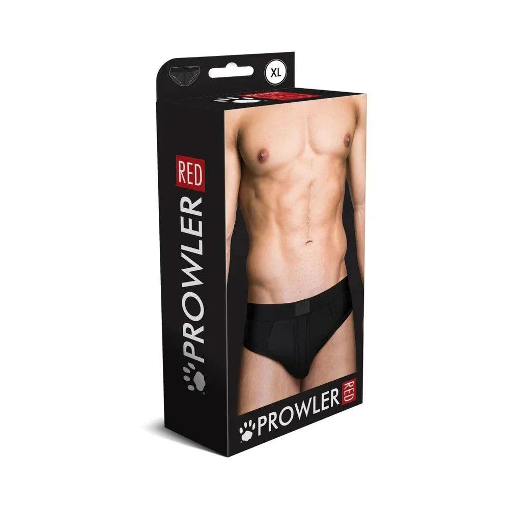 Packaging of Prowler RED Assless Brief underwear featuring a male model wearing black brief.