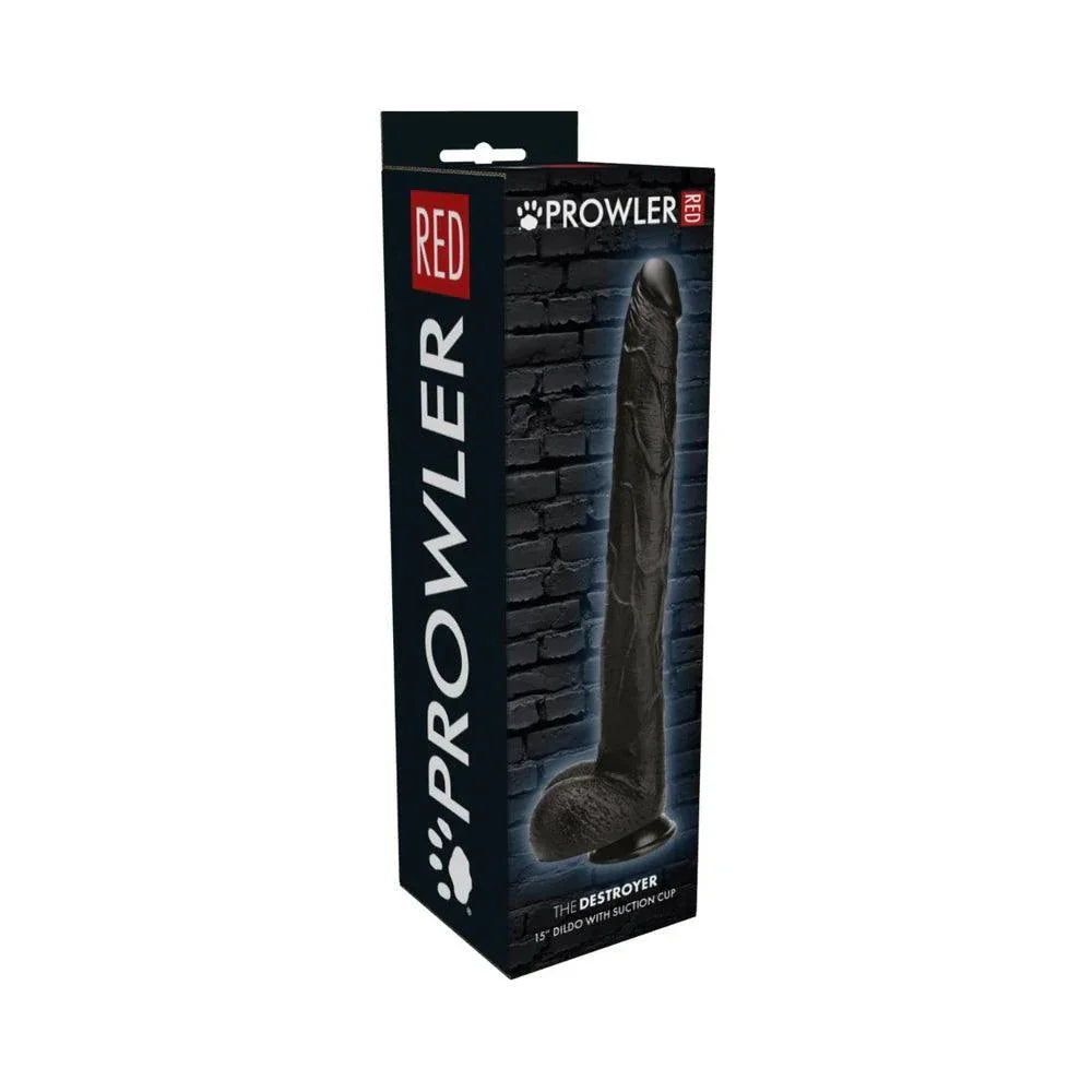 Prowler RED The Destroyer 15 inch black silicone dildo with suction base in packaging