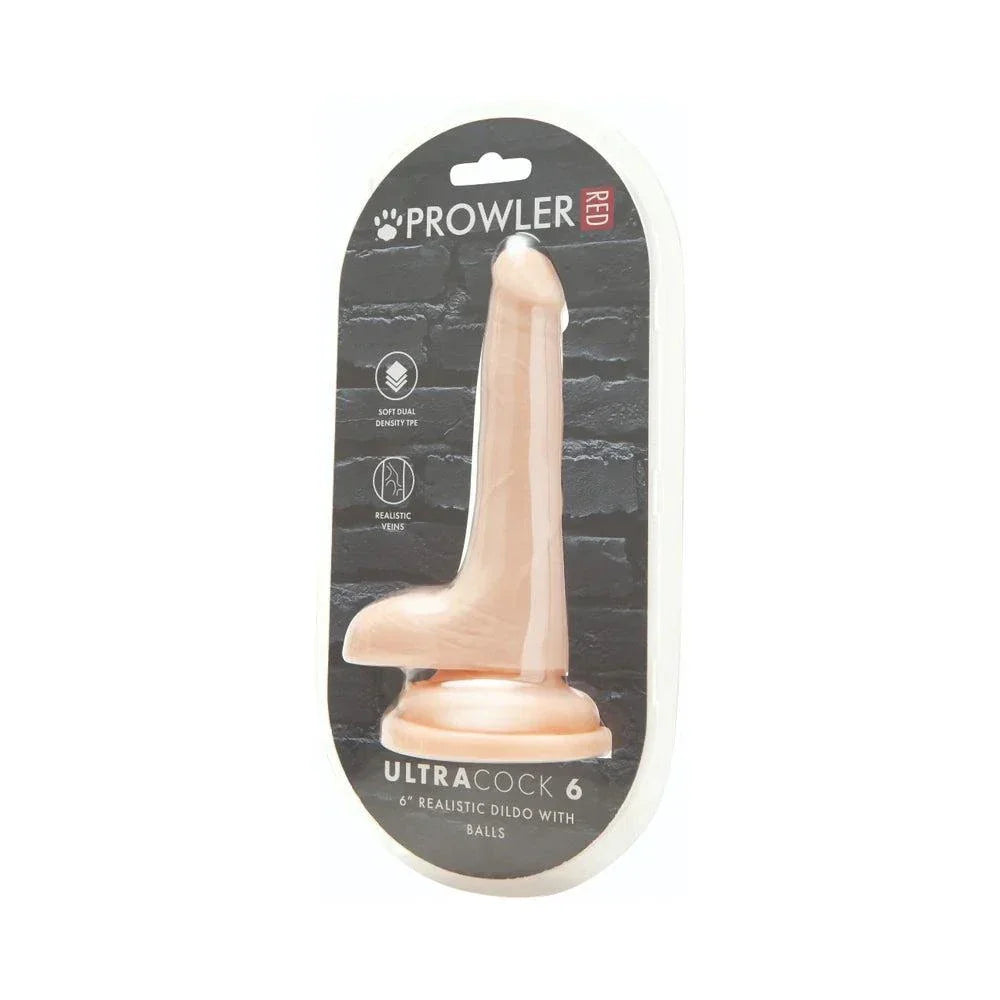 Prowler RED Ultra Cock 6 inch realistic dual density dildo with balls in vanilla color packaging