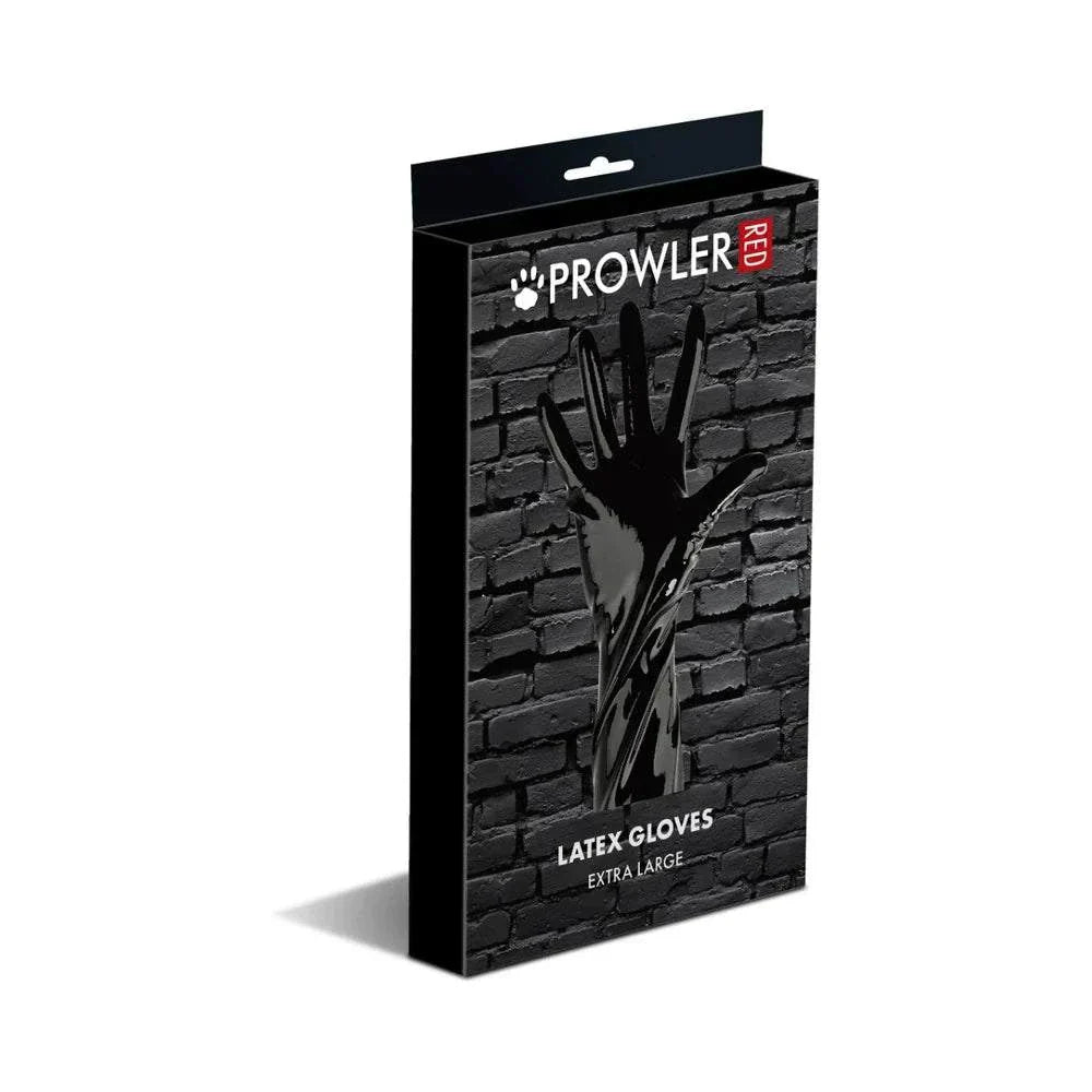 Prowler RED Latex Gloves Black XL packaging with brick wall background and raised black glove illustration