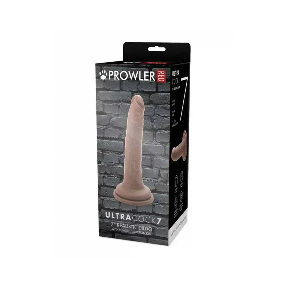 Prowler RED Ultra 7-inch realistic caramel dildo with textured shaft and suction base in packaging