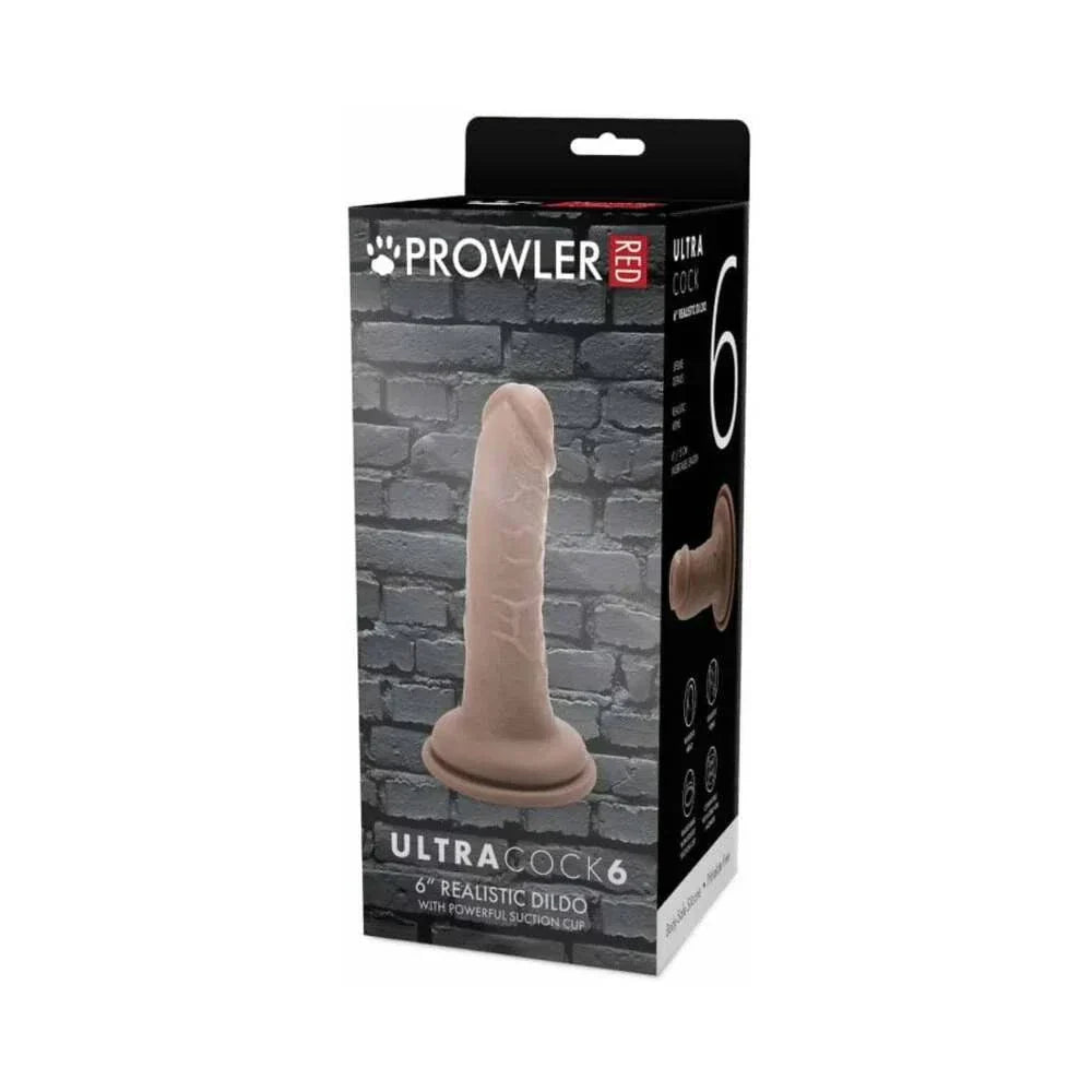 Prowler RED Ultra Cock 6-inch realistic dildo in caramel color with lifelike texture and suction cup base in packaging