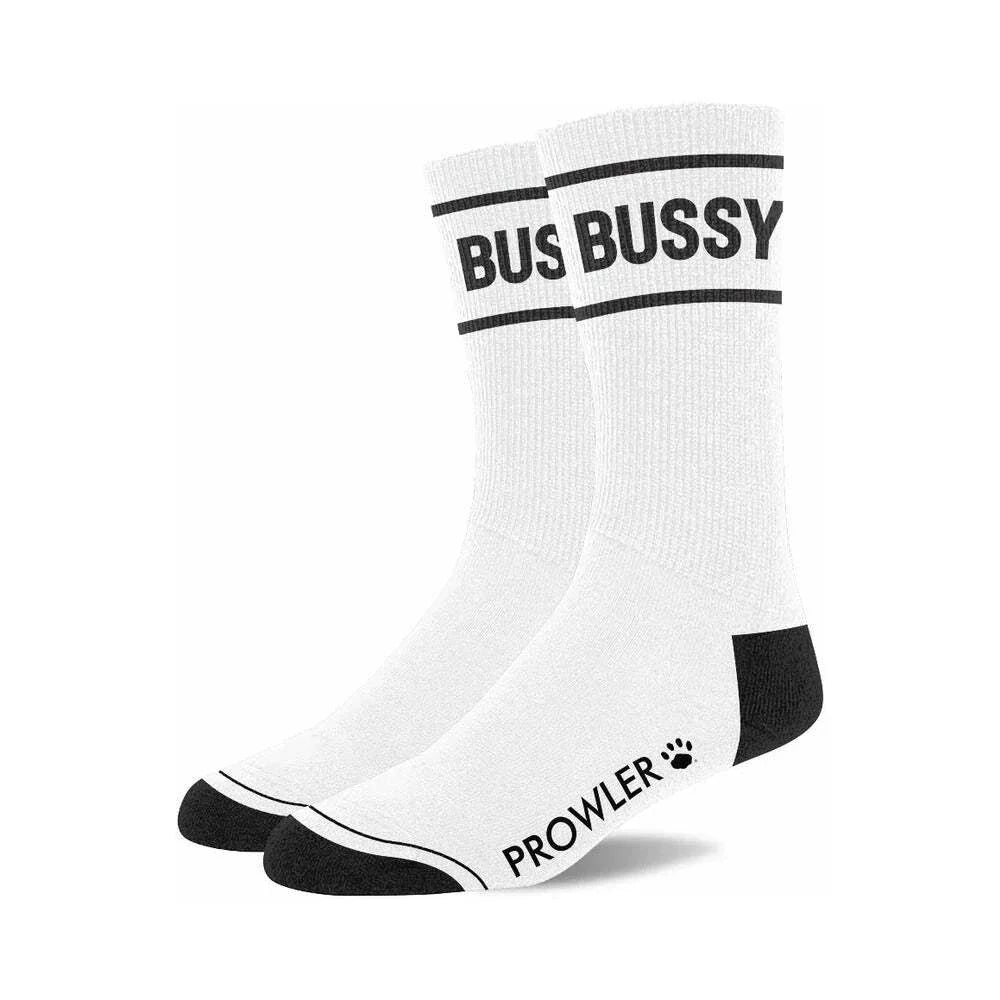 Prowler RED Collection men's white novelty socks with black accents and bold typography design