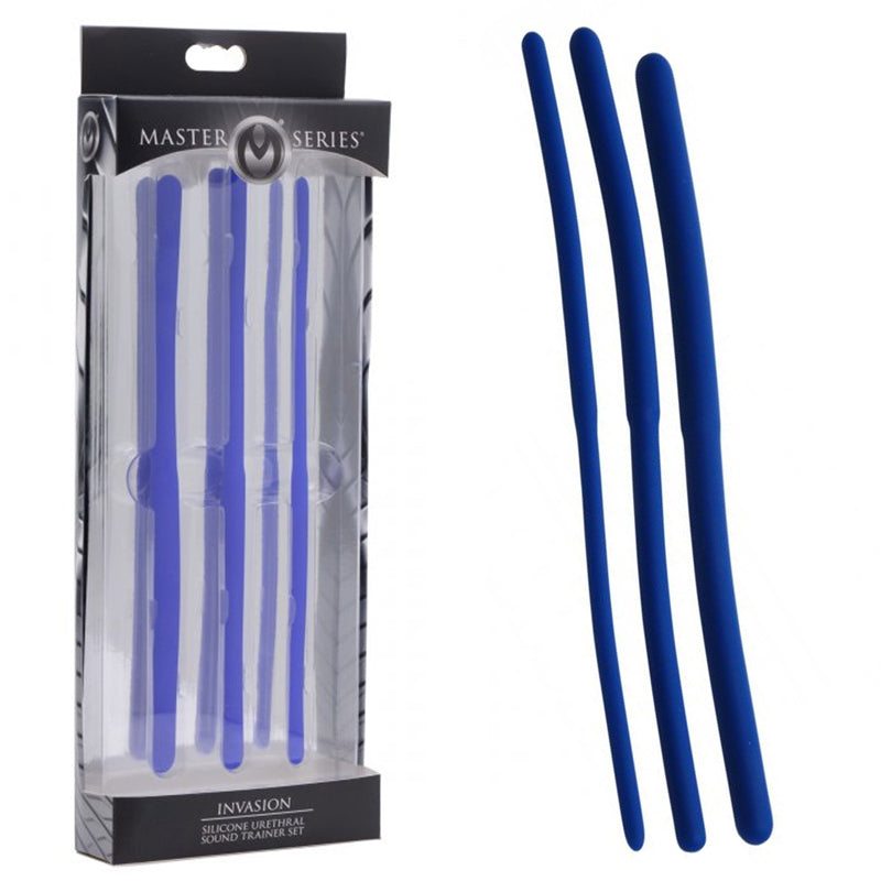 Masters Invasion Silicone Urethral Sound Trainer Set with three flexible blue silicone sounds in varying diameters for urethral play and training.