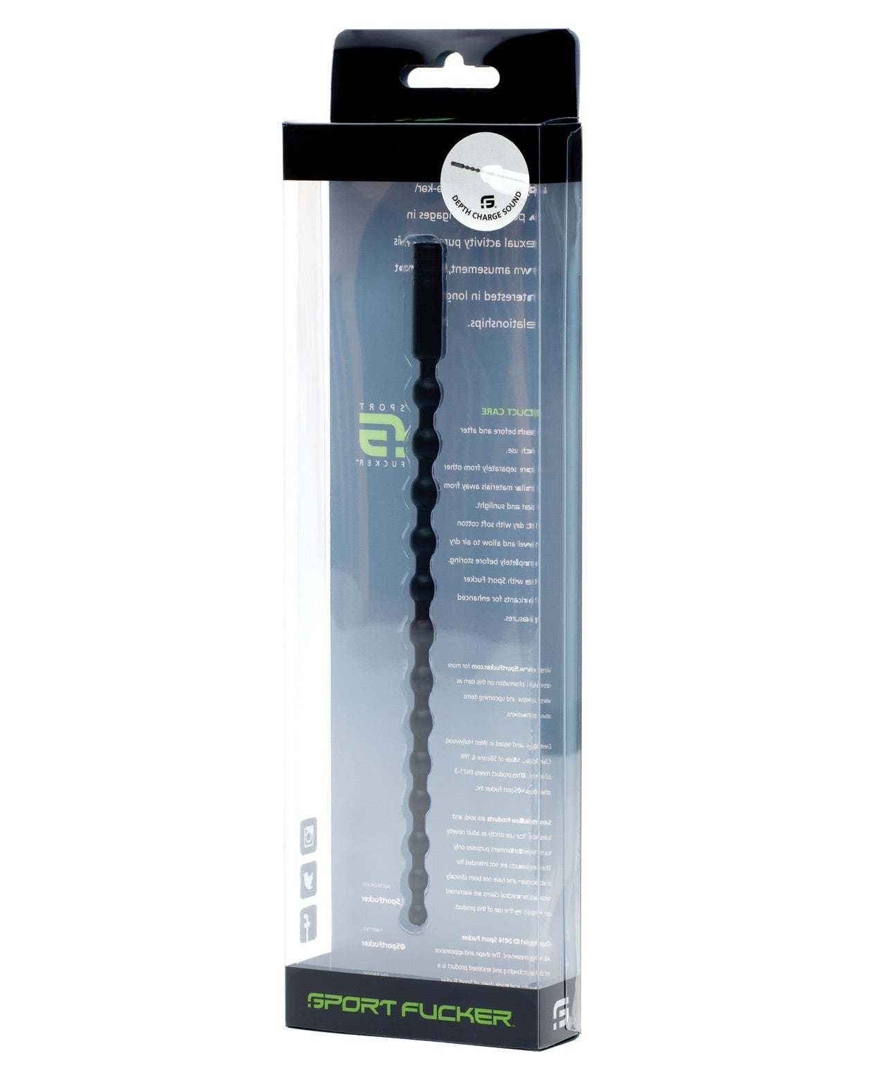Sport Fucker Depth Charge medical-grade silicone urethral sounding device with textured bumps and ergonomic handle in clear packaging